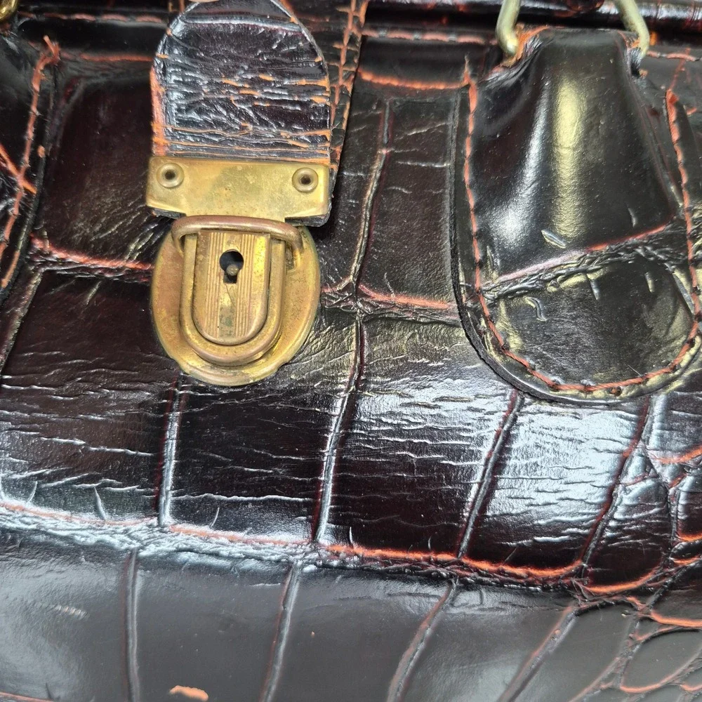 Upjohn Doctor Bag Vintage Faux Croc Embossed Leather Brown Unisex